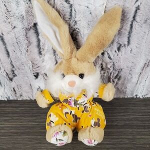 Beige 10" Easter Bunny Plush Wearing Gold Yellow Corduroy Overalls, Flower Feet